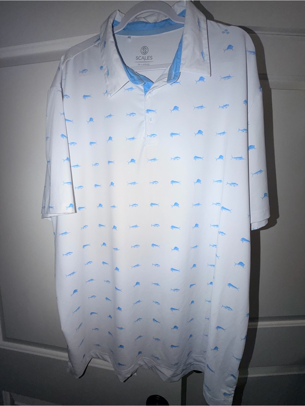 SCALE White Short-Sleeve Polo with Light Blue Fish Motif